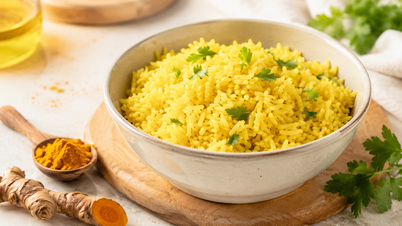 Arroz amarillo con cúrcuma en cuenco claro