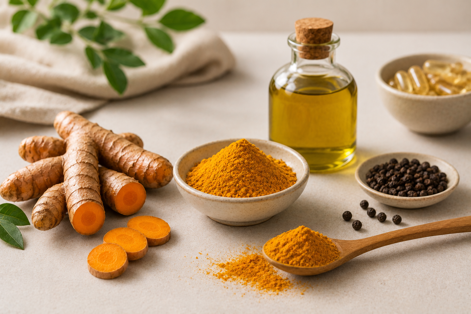 Cúrcuma, curcumina, pimienta negra y aceite de oliva en composición limpia