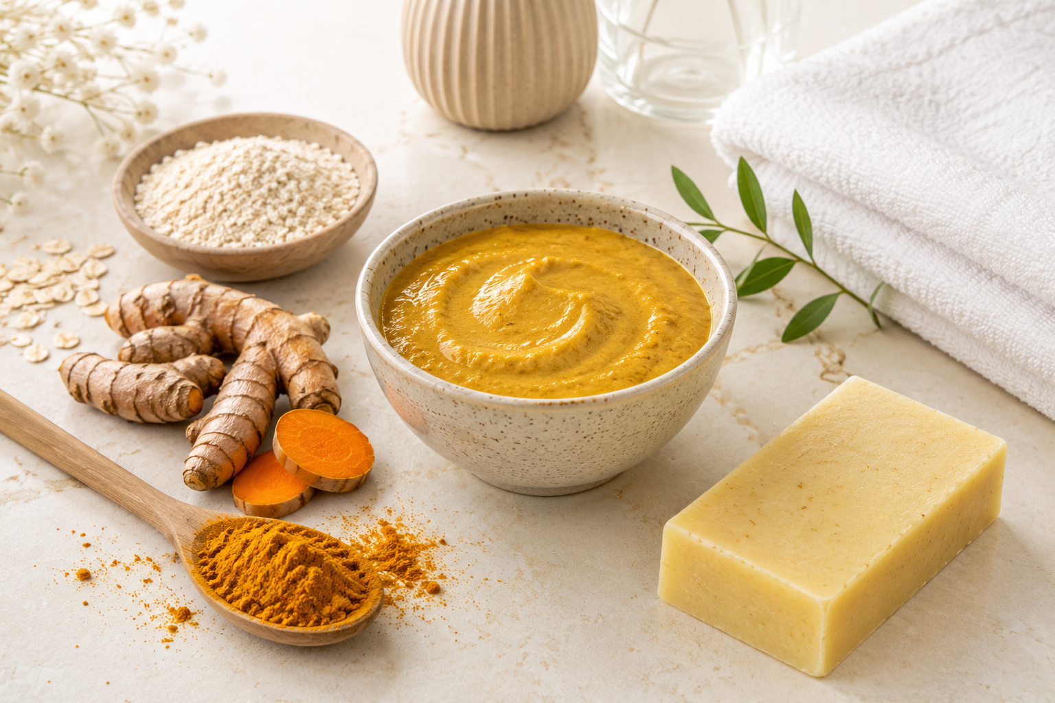 Jabón de cúrcuma, mascarilla dorada suave, avena y toalla blanca