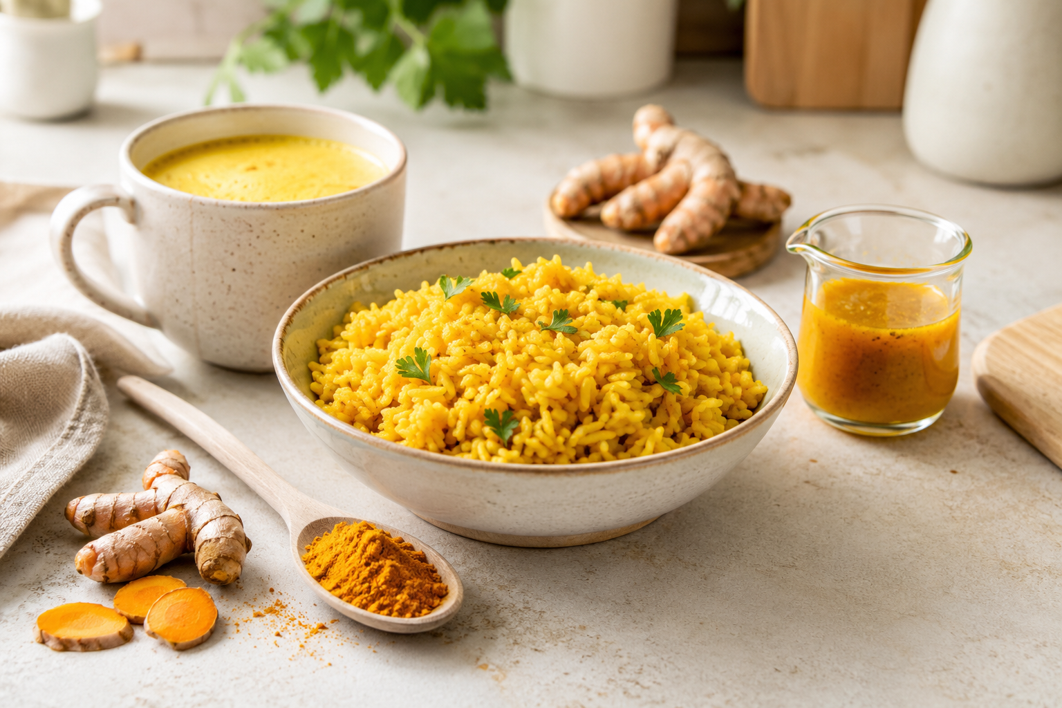 Arroz con cúrcuma, leche dorada, vinagreta y raíz fresca de cúrcuma