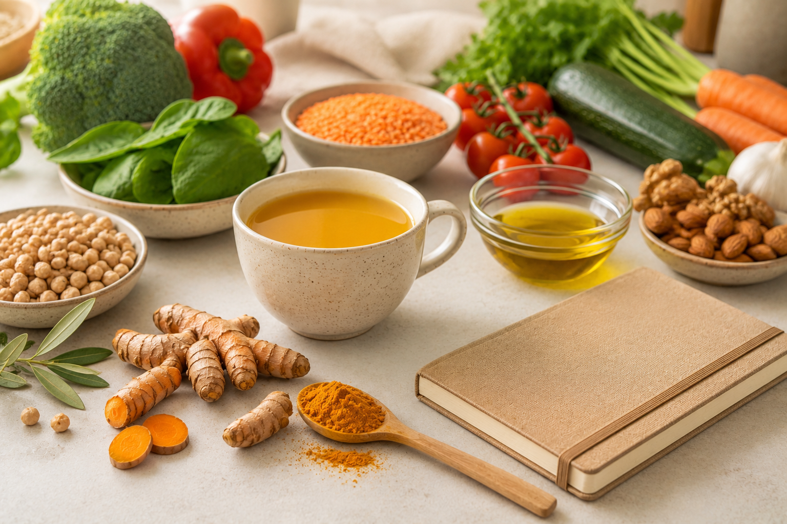 Cúrcuma, aceite de oliva, verduras, legumbres y cuaderno de salud