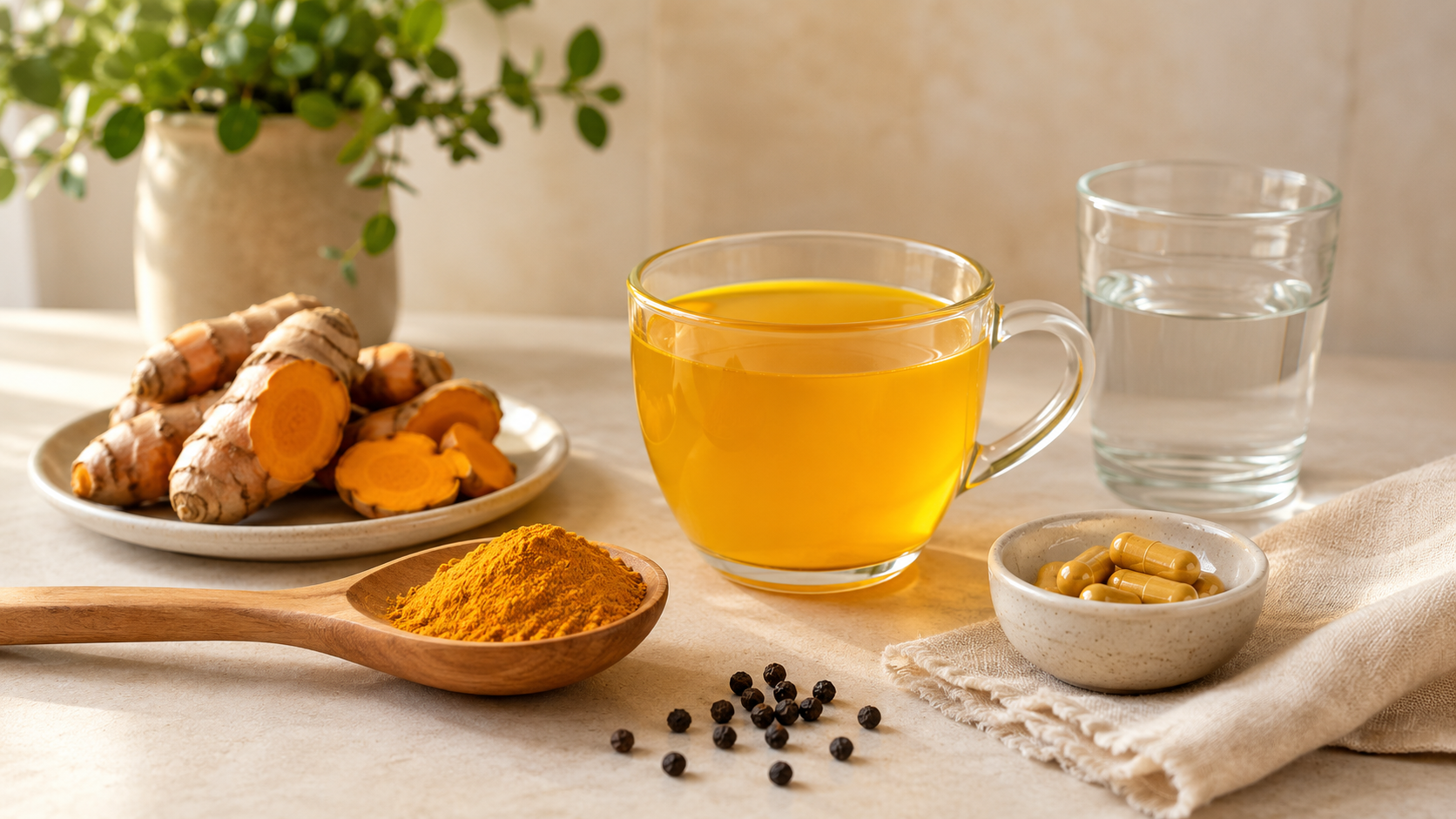 Infusión de cúrcuma, cúrcuma en polvo, pimienta negra y cápsulas neutras
