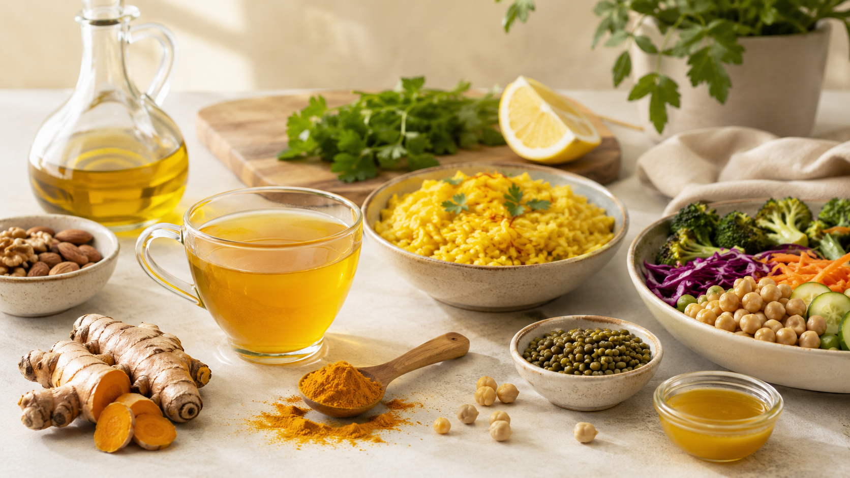 Raíz de cúrcuma, cúrcuma en polvo, infusión dorada y alimentos saludables