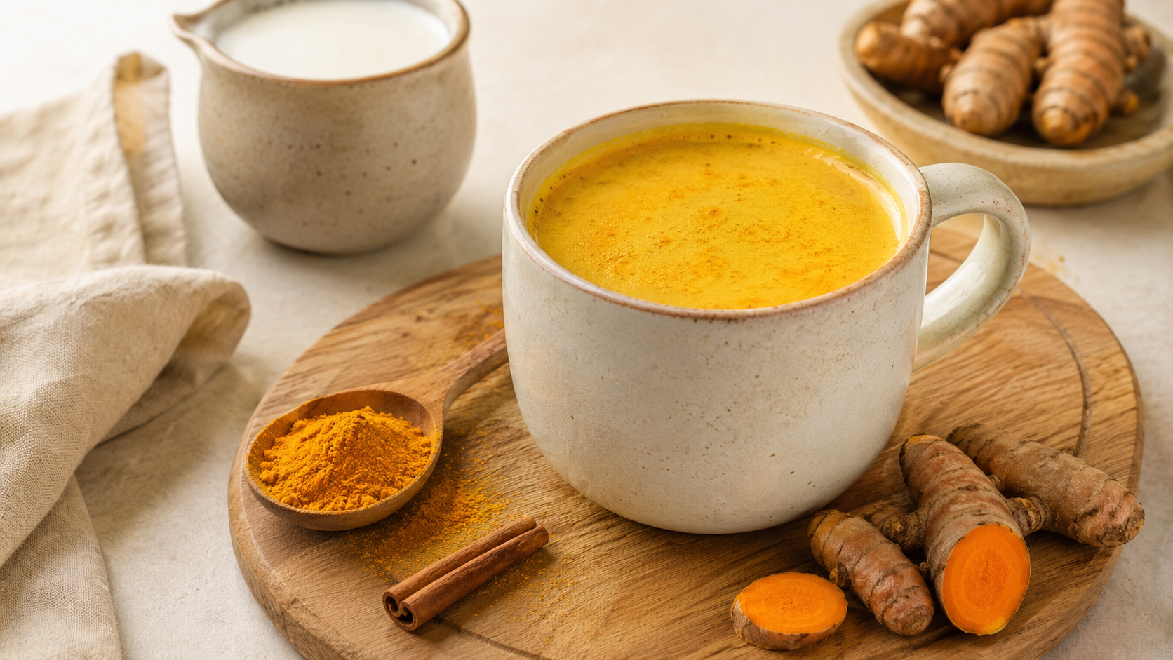 Taza de leche dorada con cúrcuma en cocina luminosa