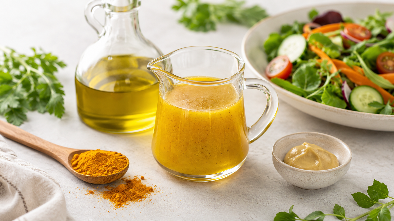 Vinagreta de cúrcuma en recipiente de cristal